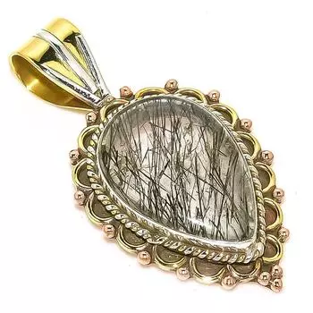 Natural Black Rutile TwoTone 925 Solid Sterling Silver Gift Pendant 1.50 T1D42