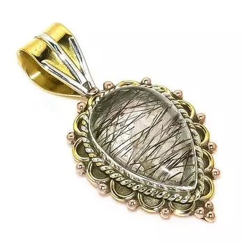Natural Black Rutile TwoTone 925 Solid Sterling Silver Gift Pendant 1.50 P4P95
