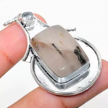 Natural Black Rutile, White Topaz 925 Sterling Silver Gift Pendant 2.29 S2Z85
