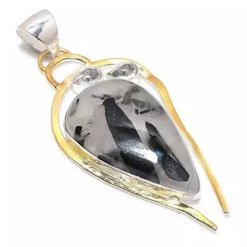 Natural Black Rutile,White Topaz 925 Sterling Silver Two Tone Pendant 2.96 D2p64