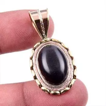 Natural Black Star Gemstone 925 Solid Sterling Silver Two Tone Pendant 1.5 i3S10