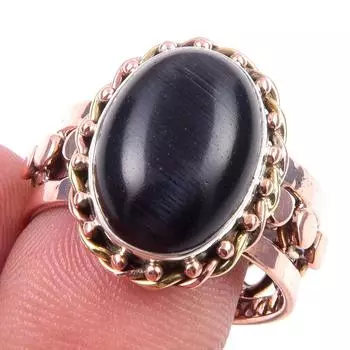 Natural Black Star Gemstone Handmade 925 Sterling Silver Two Tone Ring S.9 f4q69