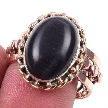Natural Black Star Gemstone Handmade 925 Sterling Silver Two Tone Ring S.9 Y1D48