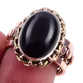 Natural Black Star Gemstone Handmade 925 Sterling Silver Two Tone Ring S.8 M7M97