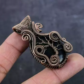 Natural Black Tiger Eye Gemstone Copper Wire Wrap Jewelry Pendant 2.17 S5S15