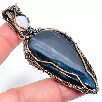 Natural Black Tiger Eye Gemstone Handmade Copper Wire Wrap Pendant 3.15 d1T22