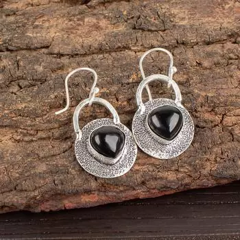 Natural Black Tourmaline Gemstone 925 Sterling Silver Handcrafted Earrings 1.30 EE-63-27