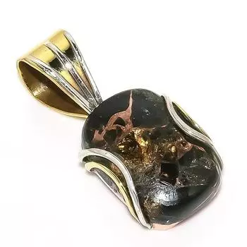 Natural Black Tourquoise Two Tone 925 Solid Sterling Silver Pendant 1.25 a6B14
