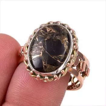 Natural Black Turquoise 925 Solid Sterling Silver Jewelry TwoTone Ring S.10 C9i24