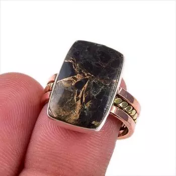 Natural Black Turquoise Gemstone 925 Solid Sterling Silver TwoTone Ring S.7 G3I49
