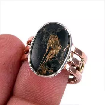 Natural Black Turquoise Gemstone 925 Solid Sterling Silver TwoTone Ring S.9 K7J69