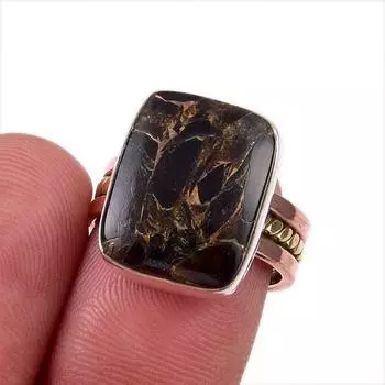Natural Black Turquoise Gemstone 925 Solid Sterling Silver TwoTone Ring S.6 S2M11