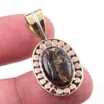 Natural Black Turquoise Gemstone 925 Sterling Silver Two Tone Pendant 1.25 z7a96