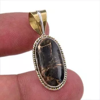 Natural Black Turquoise Gemstone 925 Sterling Silver Two Tone Pendant 1.25 Y2C72