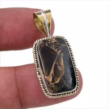 Natural Black Turquoise Gemstone 925 Sterling Silver Two Tone Pendant 1.50 G2K48
