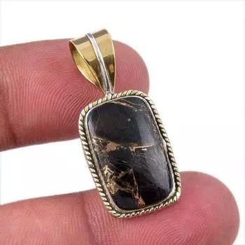 Natural Black Turquoise Gemstone 925 Sterling Silver Two Tone Pendant 1.25 e6z92