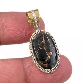 Natural Black Turquoise Gemstone 925 Sterling Silver Two Tone Pendant 1.25 T4S86