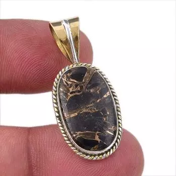 Natural Black Turquoise Gemstone 925 Sterling Silver Two Tone Pendant 1.50 s9h73