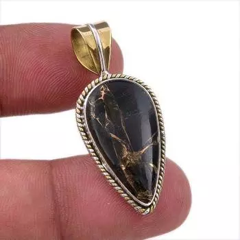 Natural Black Turquoise Gemstone 925 Sterling Silver Two Tone Pendant 1.50 i6d18
