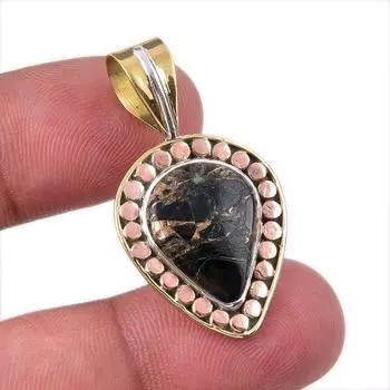 Natural Black Turquoise Gemstone 925 Sterling Silver Two Tone Pendant 1.50 I9H75
