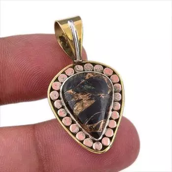 Natural Black Turquoise Gemstone 925 Sterling Silver Two Tone Pendant 1.50 Y8D24