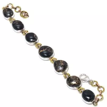 Natural Black Turquoise Gemstone 925 Sterling Silver Two Tone Bracelet 7-8 Q7V17