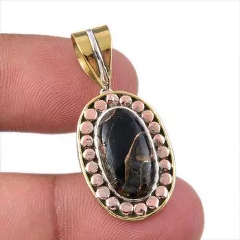 Natural Black Turquoise Gemstone 925 Sterling Silver Two Tone Pendant 1.50 j5G88
