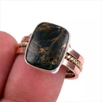 Natural Black Turquoise Gemstone 925 Sterling Silver Two Tone Ring Size 8.5 k7K75