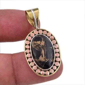 Natural Black Turquoise Gemstone 925 Sterling Silver Two Tone Pendant 1.50 C8s75