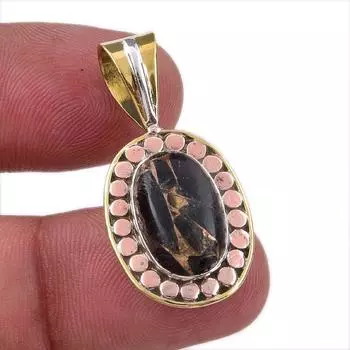 Natural Black Turquoise Gemstone 925 Sterling Silver Two Tone Pendant 1.25 o9h29