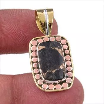 Natural Black Turquoise Gemstone 925 Sterling Silver Two Tone Pendant 1.50 M9h63