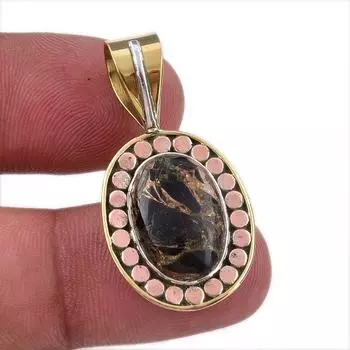 Natural Black Turquoise Gemstone 925 Sterling Silver Two Tone Pendant 1.50 i2a45