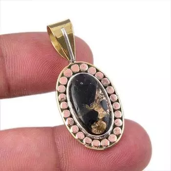 Natural Black Turquoise Gemstone 925 Sterling Silver Two Tone Pendant 1.50 G3Z83
