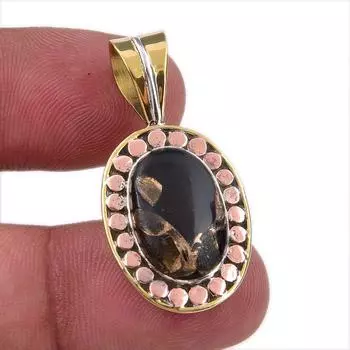 Natural Black Turquoise Gemstone 925 Sterling Silver Two Tone Pendant 1.50 M1W38