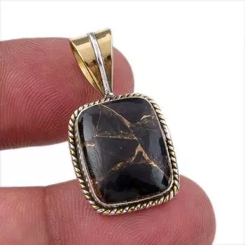 Natural Black Turquoise Gemstone 925 Sterling Silver Two Tone Pendant 1.25 L8b75