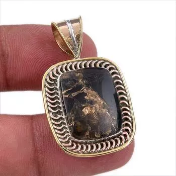Natural Black Turquoise Gemstone 925 Sterling Silver Two Tone Pendant 1.50 g9K58