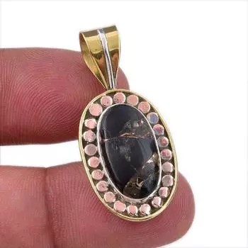 Natural Black Turquoise Gemstone 925 Sterling Silver Two Tone Pendant 1.50 w8T44
