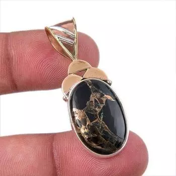 Natural Black Turquoise Gemstone 925 Sterling Silver Two Tone Pendant 1.75 F2f34