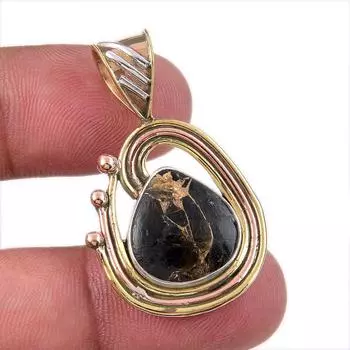 Natural Black Turquoise Gemstone 925 Sterling Silver Two Tone Pendant 1.50 c1y55