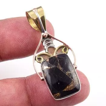 Natural Black Turquoise Gemstone 925 Sterling Silver Two Tone Pendant 1.50 g2W54