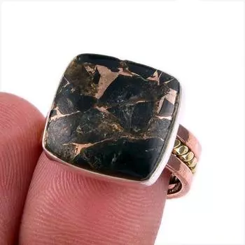 Natural Black Turquoise Gemstone 925 Sterling Silver Two Tone Ring Size 7.5 U5g84