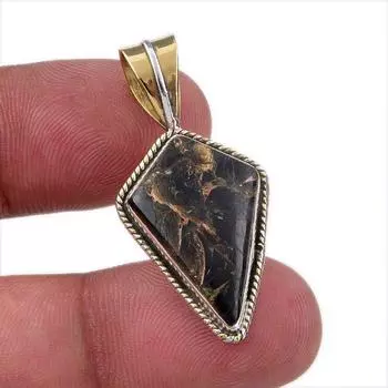 Natural Black Turquoise Gemstone 925 Sterling Silver Two Tone Pendant 1.50 C3C06