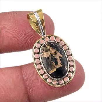 Natural Black Turquoise Gemstone 925 Sterling Silver Two Tone Pendant 1.25 A3T87