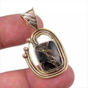 Natural Black Turquoise Gemstone 925 Sterling Silver Two Tone Pendant 1.50 W2h44