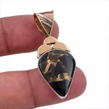 Natural Black Turquoise Gemstone 925 Sterling Silver Two Tone Pendant 1.75 Y5P89
