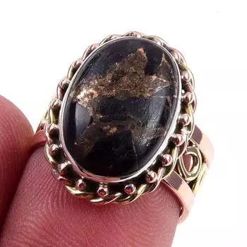 Natural Black Turquoise Gemstone 925 Sterling Silver Two Tone Ring Size 6.5 h9Y67