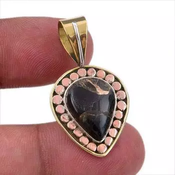 Natural Black Turquoise Gemstone 925 Sterling Silver Two Tone Pendant 1.50 c6p94