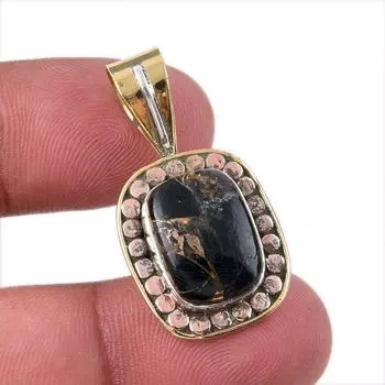 Natural Black Turquoise Gemstone 925 Sterling Silver Two Tone Pendant 1.25 A6Y96