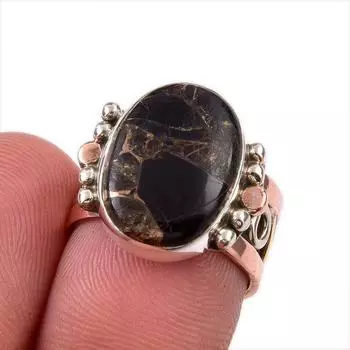 Natural Black Turquoise Gemstone 925 Sterling Silver Two Tone Ring Size 5.5 Z0h96
