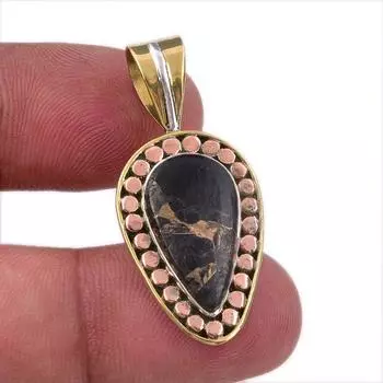 Natural Black Turquoise Gemstone 925 Sterling Silver Two Tone Pendant 1.50 b2G95